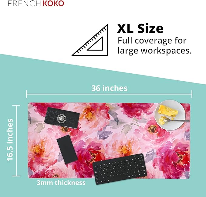 French Koko Large Mouse Pad Desk Mat Keyboard Pad Desktop Office School Essentials Decor Big Extended Laptop Protector Computer Accessories Pretty Mousepad Women Girls Watercolor Flower XL 36" x 16.5"
