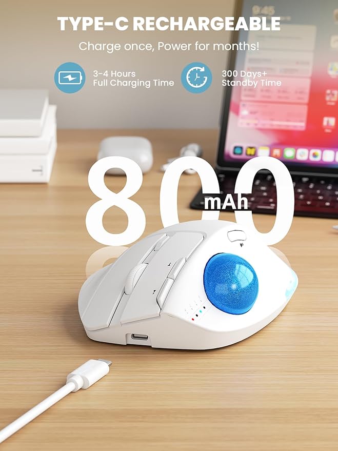 MAM1 Pro Wireless Trackball Mouse, Ergonomic Bluetooth Rechargeable Computer Mouse, Backlit Rollerball Thumb mice with 5 Level DPI, Adjustable Angle, 3 Devices Connection for PC, Windows - White Mouse