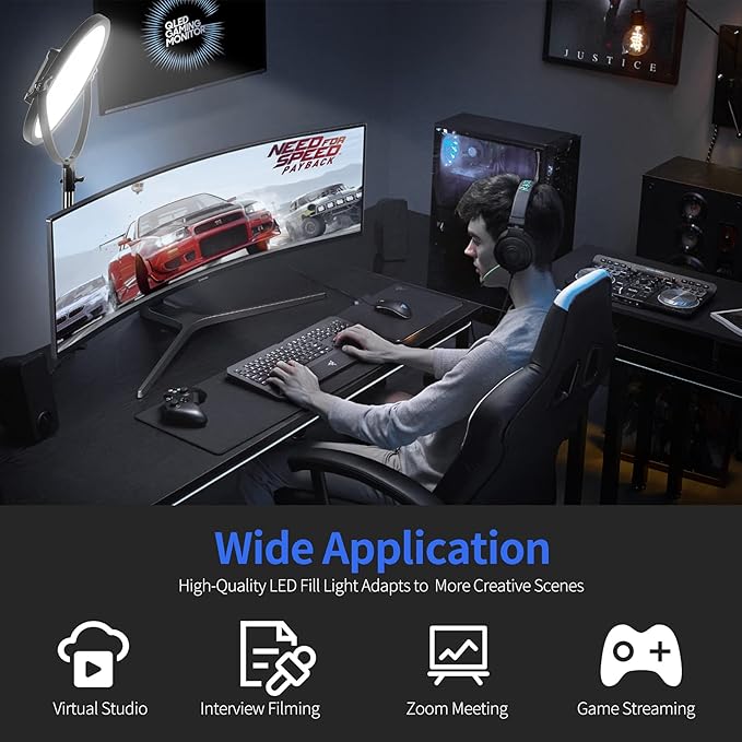 GVM Desk Mount LED Video Light, 10'' Round Key Light with Built-in Diffuser and LCD Display, Bi-Color Professional Light for Game/Studio/Streaming/YouTube Video Shooting, APP Control CRI 97+