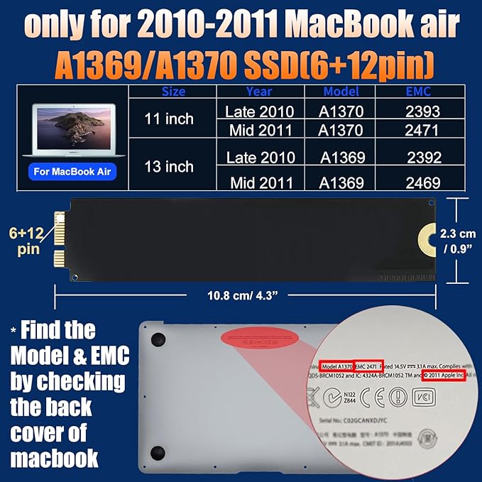 MacBook SSD Enclosure for 6+12pin Apple 2010 2011 MacBook Air SSD A1370 EMC 2393/2471, A1369 EMC 2392/2469, USB 3.0 External Case with Organizer Bag