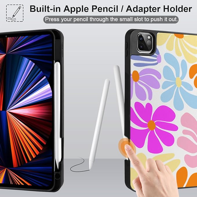 DONGKE Case for iPad Pro 12.9 inch 6th Generation 2022, Built-in Pencil Holder + Trifold Stand + Auto Wake/Sleep + Protective Cover for iPad Pro 12.9 5th/4th/3rd Gen - Retro Flowers