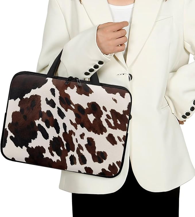 Cow Print Brown 12 Inch Laptop Sleeve, Laptop Cover Computer Bag Tablet Carrying Case with Handle, Waterproof Zipper Tote Bags Notebook Sleeves Handbag Messenger Briefcase