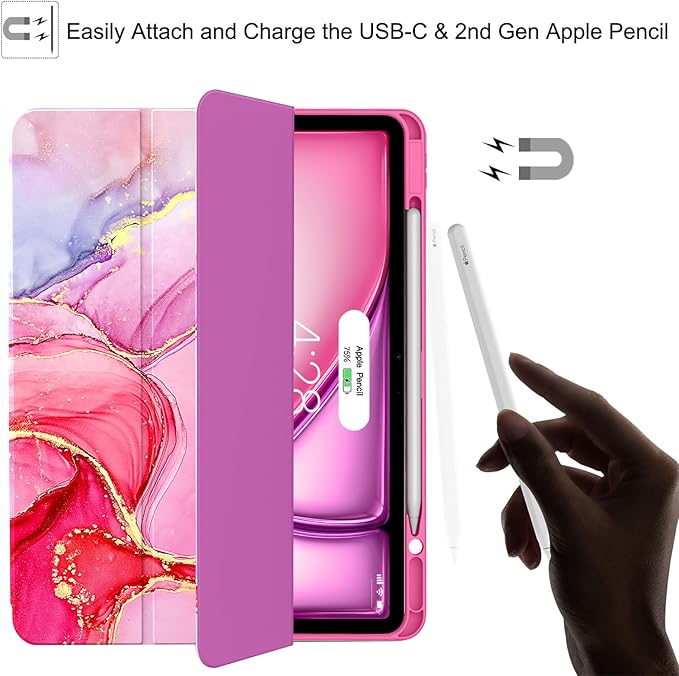 Soke Case for iPad Air 13 Inch (M4/M3/M2,2026-2024), iPad Pro 12.9" 6th/5th Generation with Pencil Holder(2021 2022 Release)-[Apple Pencil Charging + Auto Wake/Sleep] Soft Back Cover, Hot Pink Marble
