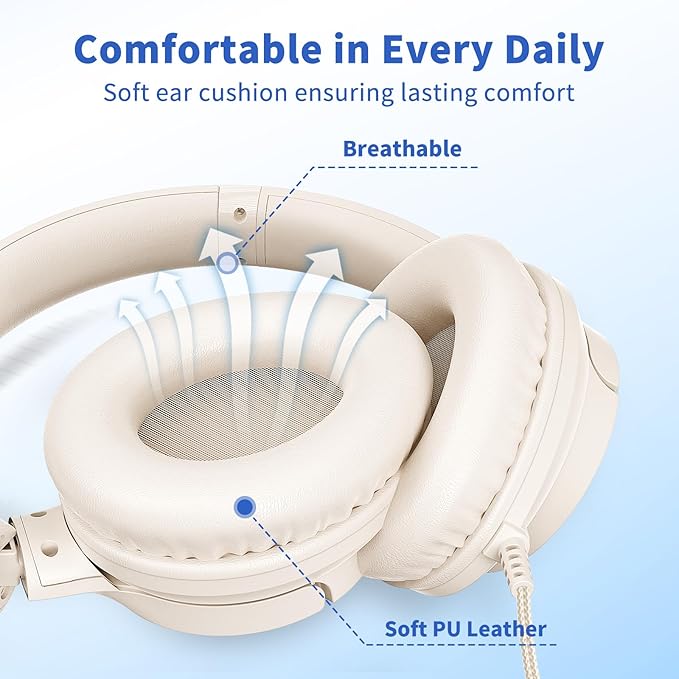 Botesty Sound Headphones Wired with Microphone, Over Ear Foldable 3.5mm Plug in Headphones Corded with 4.9ft Tangle-Free Nylon Cord for Tablet, Laptop, MP3/4, School, Airplane Travel (Beige)