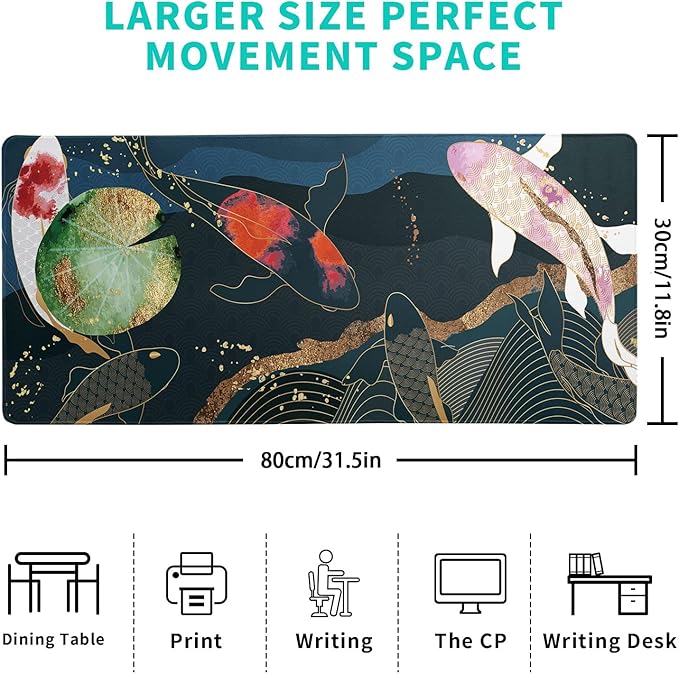 Japanese Gaming Mouse Pad XL - Extended Large Mouse Mat Desk Pad, Stitched Edges Mousepad, 3mm Thick Long Non-Slip Rubber Base Mice Pad, 31.5 X 11.8 Inch - Koi Fish Art