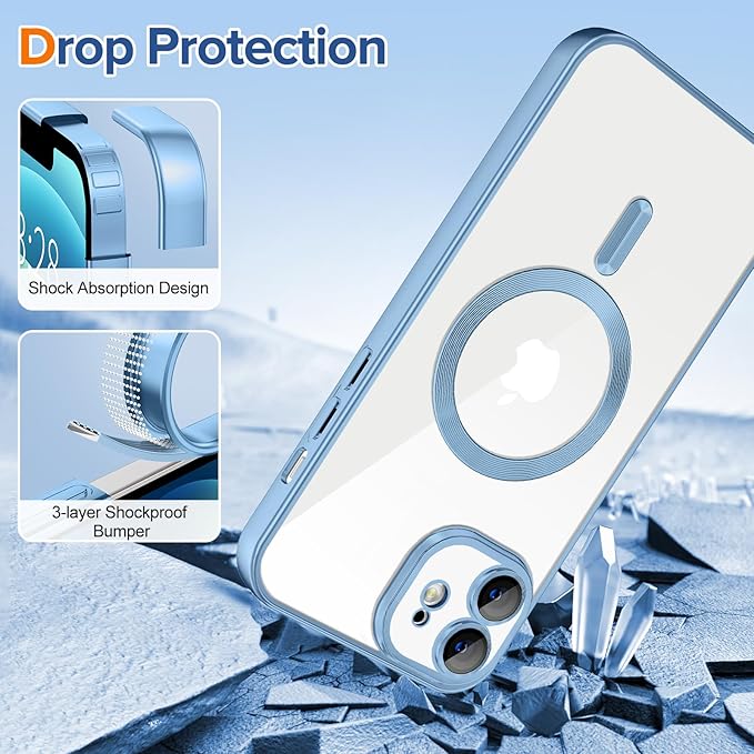 Hython Magnetic Clear for iPhone 12 Case with Camera Lens Protector [Compatible with MagSafe] Luxury Plating Edge Slim Soft TPU Cover Protective Phone Case for iPhone 12 6.1", Matte Light Blue