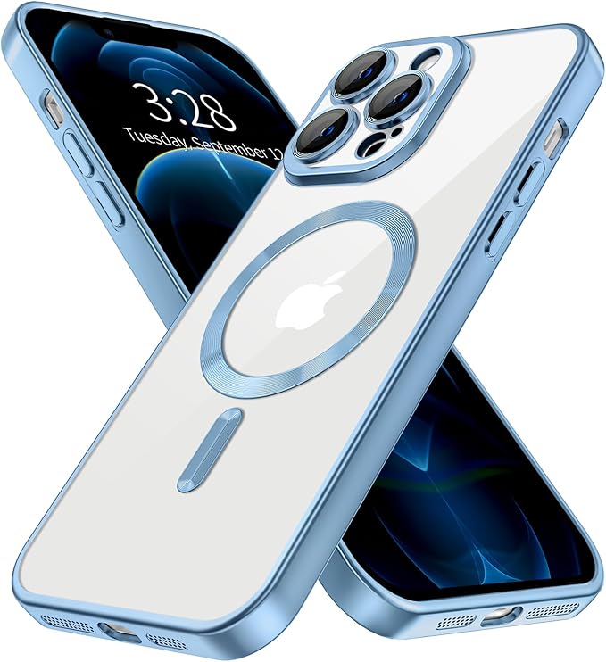 Hython Magnetic Clear for iPhone 12 Pro Case with Camera Lens Protector [Compatible with MagSafe] Luxury Plating Edge Slim Soft TPU Cover Protective Phone Case for iPhone 12 Pro, Matte Light Blue