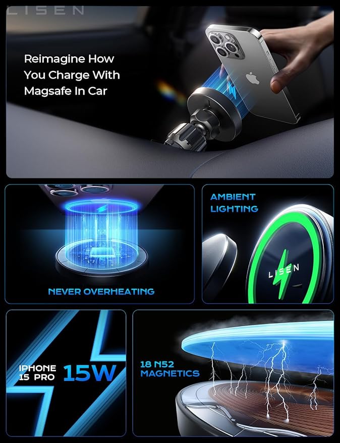 LISEN for 15W MagSafe Car Mount Charger,Magnetic Wireless Car Charger for iPhone 17 Pro Max Accessories,Magnetic Phone Holder for iPhone 17-12,Samsung,Pixel 9,Jeep Ford F150 Accessories,Gifts