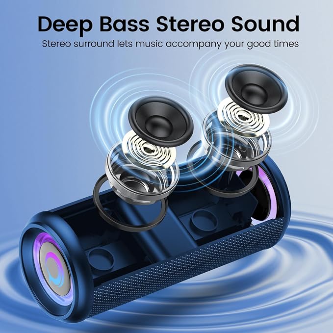 Portable Bluetooth Speaker, 2026 Bluetooth 5.4 Wireless Speaker with 20W HD Loud Stereo Sound, 20H Playtime, LED Lights, IP7, TWS Pairing, Built-in Mic, for Outdoor, Home, Beach, Party, Gift, Blue