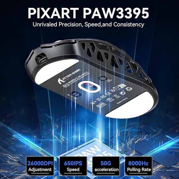 ATTACK SHARK R3 46g Superlight Magnesium Alloy Wireless Gaming Mouse, BT/2.4G/Wired Computer Mouse, 8KHz Polling Rate, PAW3395 26K DPI Sensor Programmable Mice Griptape for PC/Laptop/Mac (Black)