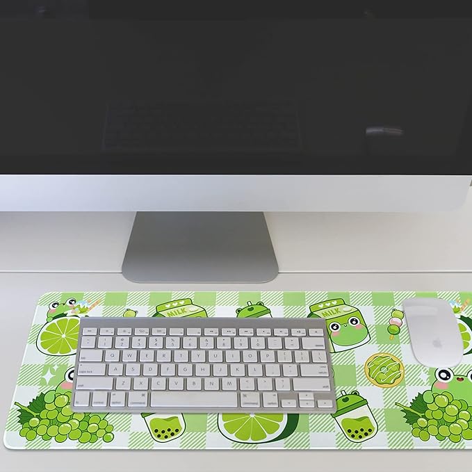 Kawaii Frog Gaming Mouse Pad for Desk, Extended Large Frog Donut Boba Milk Tea Mouse Pad, Green Mousepad XL, Long Big Mouse Mat, Kawaii Frog Decor Stuff Accessories, 31.5 X 11.8 Inch