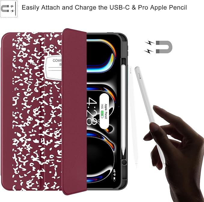 Soke Case for New iPad Pro 13 Inch (M5/M4, 2025/2024 Release), with Pencil Holder Trifold Stand Shockproof [Support Apple Pencil Charging + Auto Wake/Sleep], Soft TPU Back Cover, Book Wine