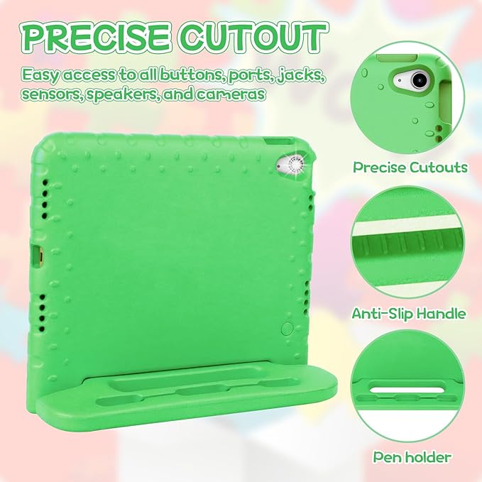 Kids Case for iPad A16 11th (2025)/iPad 10th Gen (2022) with Pencil Holder & Handle Stand, Super Protection EVA Toddler-Friendly Cover for iPad 11"(A16)/10th Generation 10.9"-Green