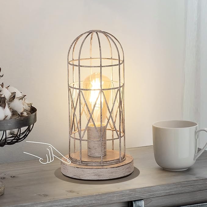 Small Table Lamp, Touch Control Table Lamp with Brushed White Oak Cage, Farmhouse Bedside Lamp 3-way Dimmable Nightstand Lamp Edison Lamp for Bedroom, Living Room, Hallway, Kitchen, LED Bulb Included