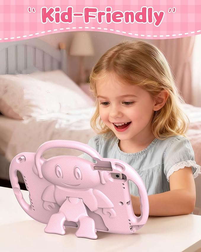 Kids Case for iPad 5th/6th Generation (9.7 inch, 2017/2018) & iPad Air 1/2 9.7" & Pro 9.7, Durable Shockproof Lightweight Kids Cover with Shoulder Strap/Handle/Kickstand, Light Pink