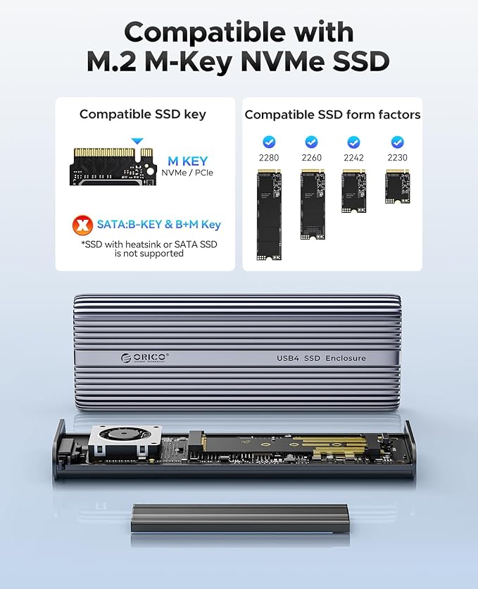 ORICO 40Gbps M.2 NVMe SSD Enclosure with Cooling Fan, Tool Free Aluminum M.2 Adapter Compatible with Thunderbolt 4/3 USB3.2/3.1/3.0/2.0, Max 8TB Capacity-ACOM2