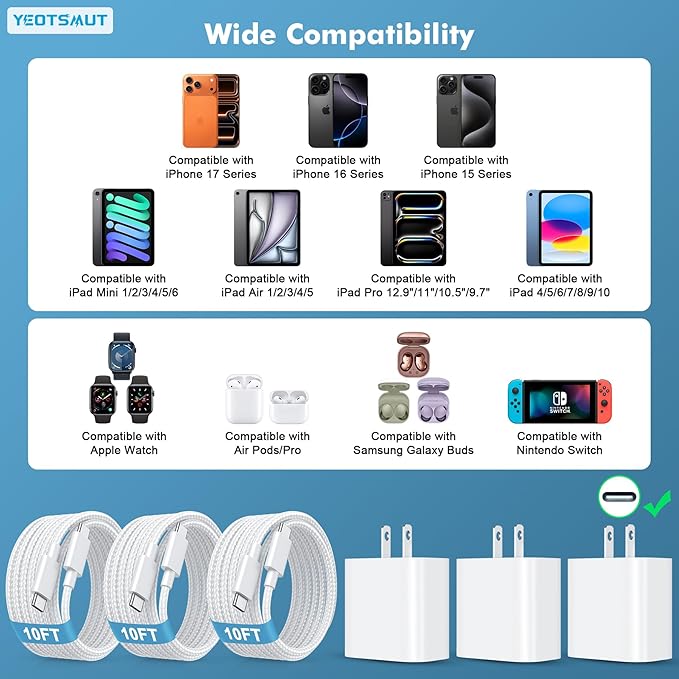 [3 Pack] USB C Charger Block, Fast Charging 20W USB-C Power Adapter Fit for Phone 17/16/15/17 Pro/Pro Max/Plus,i Pad, AirPods，Apple Watch and More，10FT Type C Cords