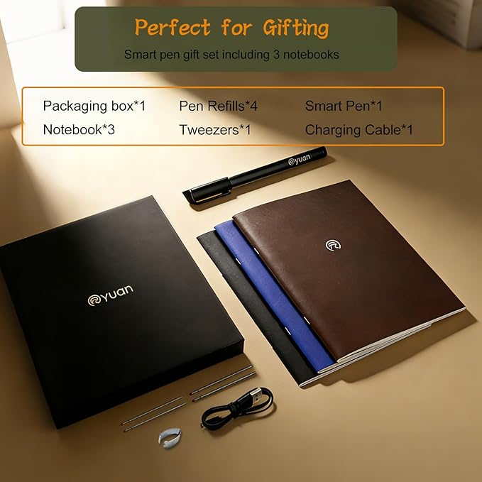 Yuan Sync Smart Pen and Digital Notebook Set (3-Pack A4) for Note Taking, Enables Offline Storage, Note Sharing, Sync Handwriting to Phone/Ipad, Gift for Adults Students Teachers Coworkers (Men/Women)