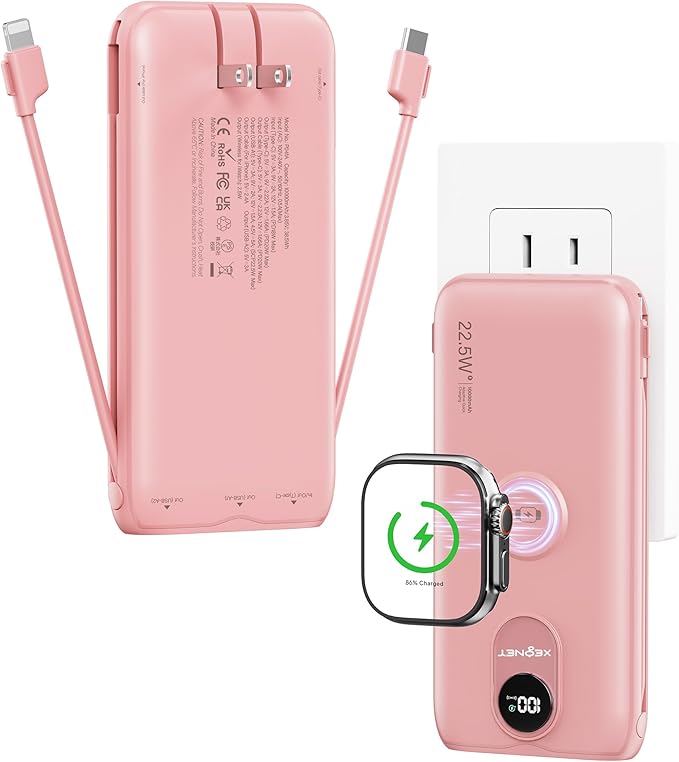 Portable Charger, 10000mAh 22.5W Power Bank Fast Charging with Wall Plug, Built-in Cables, LED Display, Compact Lightweight USB C Travel Battery Pack for iPhone 17/16, Android Cell Phone, Pad, iWatch