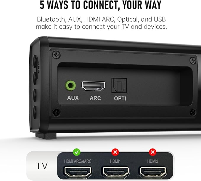 Bluetooth Wireless Surround Sound Bar, Sound Bar Wireless Surround Speakers, HDMI Sounds Bars Smart TV HDMI(ARC) OPT AUX USB 2.0ch 3 Modes Home Theater Sounds System TV/PC/Gaming/Projector, Black