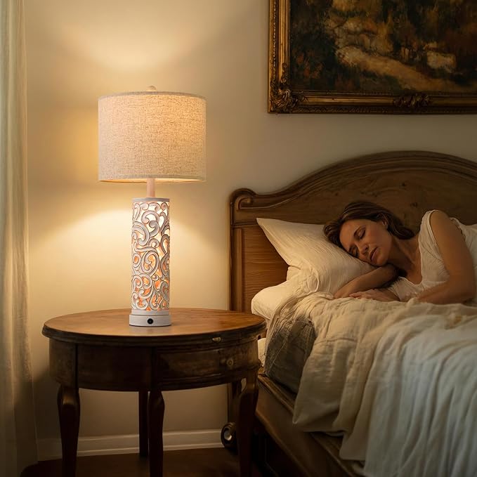OYEARS 2-in-1 Light Table Lamp Set of 2 for Living Room, 28.5" Farmhouse Bedside Lamps with USB Charging Port, Main&Night Light & Dual Switches, Nightstand Lamp for Bedroom Home Office(Bulb Included)