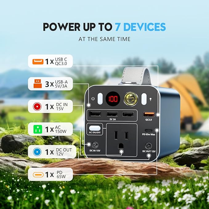 Powdeom 150W Portable Power Station, 155.4Wh Portable Laptop Charger with AC Outlet, DC/USB-C Port, Battery Backup Power Supply for Outdoor Camping Home Outage