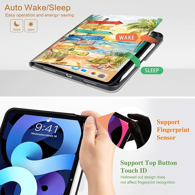 Vimorco for iPad Air 11 Inch Case M4 2026,for iPad Air 5th/4th Gen Cases 10.9-inch,for iPad Pro 11 Inch Case 4th/3rd/2nd/1st Generation 360 Degree Rotating Pencil Holder 4 Viewing Angles, Beach Path