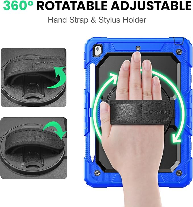 SEYMAC for iPad 9th/8th/7th Generation Case 10.2" 2021-2019, Full-Body Shockproof Protective Case with Screen Protector, Rotating Stand/Handle/Shoulder Strap for iPad 10.2, Blue/Black