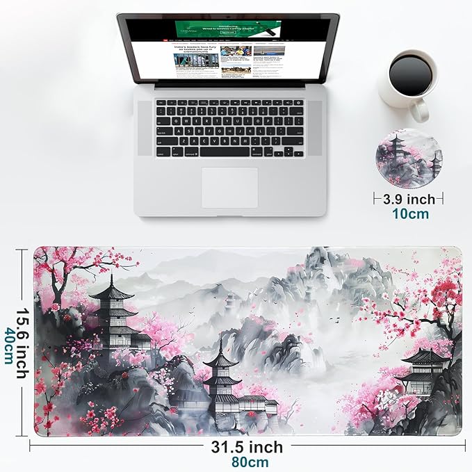 Large Gaming Mouse Pad with Coaster, Desk Matt for Desktop, Desk Pad, Mouse Pads Mat, Stitched Edges Big Extended Mousepad for Computer Keyboard Laptop Office Decor, 31.5'' x15.6''-Japanese Anime