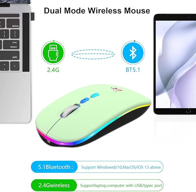 HOTLIFE LED Wireless Mouse, Slim Rechargeable Silent Portable USB Optical 2.4G Wireless Bluetooth Two Mode Computer Mice with USB Receiver and Type C Adapter (Green)
