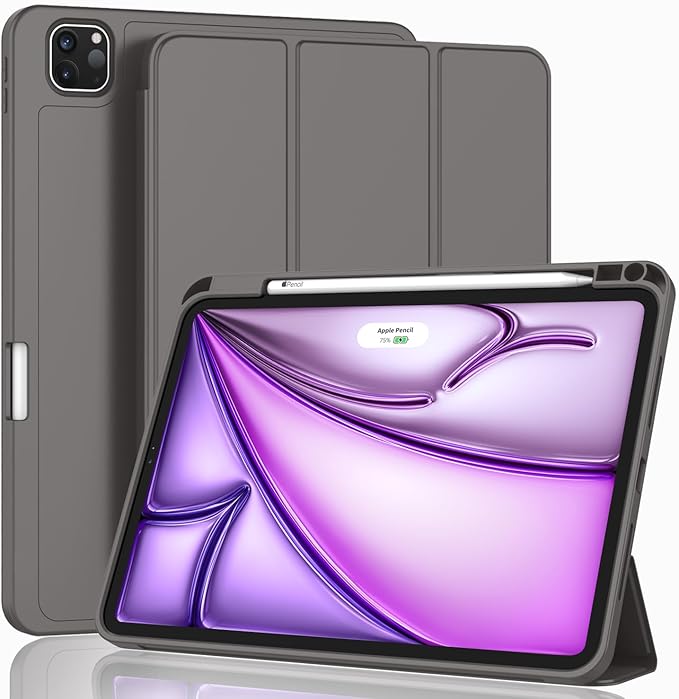 ZryXal New iPad Air 13 Inch Case M3 2025/M2 2024 with Pencil Holder, Trifold Stand Smart Case with Soft TPU Back,Auto Wake/Sleep(Space Gray)