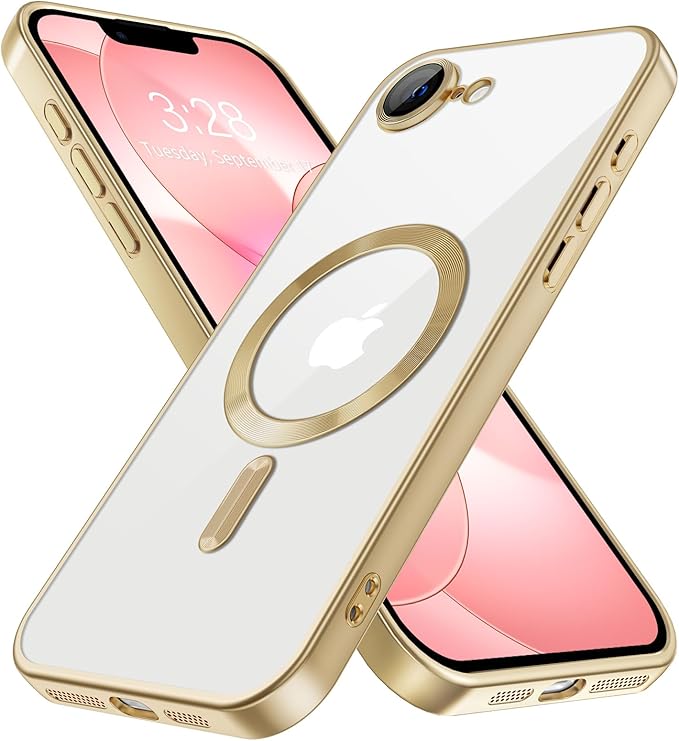 Hython Magnetic Clear for iPhone 17e Case with Camera Lens Protector [Compatible with MagSafe] Luxury Plating Edge Slim Soft TPU Cover Protective Phone Case for iPhone 17e 6.1", Matte Gold