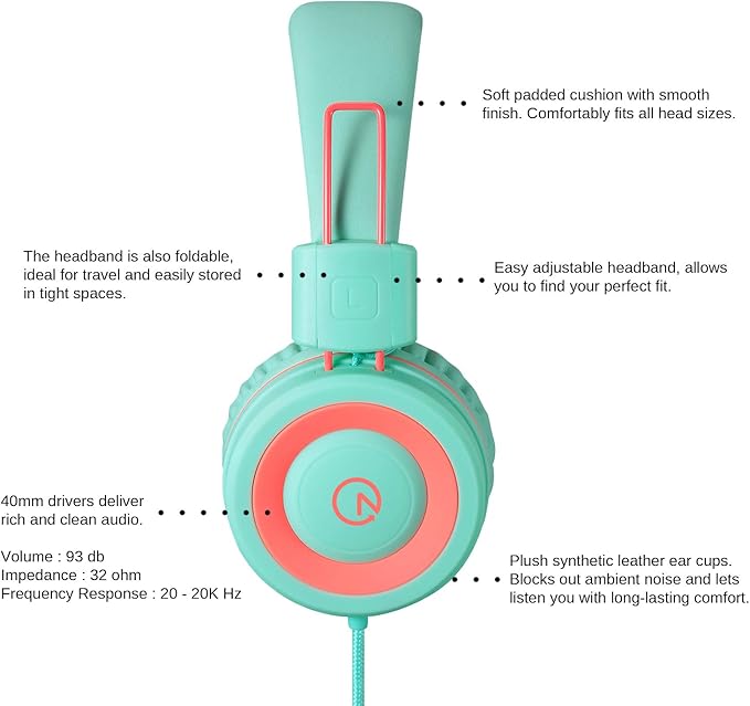noot products Kids Headphones K11 Foldable Stereo Tangle-Free 5ft Long Cord 3.5mm Jack Plug in Wired On-Ear Headset for iPad/Amazon Kindle,Fire/Boys/Girls/School/Tablet/Laptop(Mint/Coral)