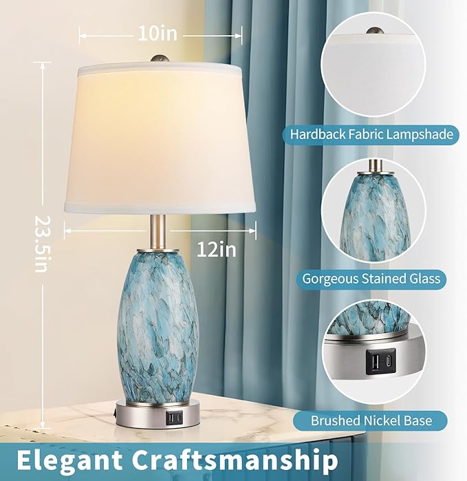 Lovlast Table Lamps Set of 2 with 3-Way Lighting Modes, USB & Type C Ports - Coastal Modern Style Glass Nightstand Lamps for Living Room & Bedroom Decoration (23.5" H)