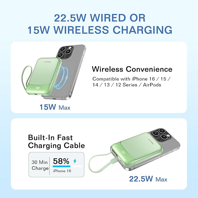 Magnetic Power Bank 10000mAh, Wireless Portable Charger with 15W Max Fast Charging & Built-in USB-C Cable, 22.5W PD LED Display Battery Pack Compatible with iPhone 17/16/15, Samsung Galaxy(green)