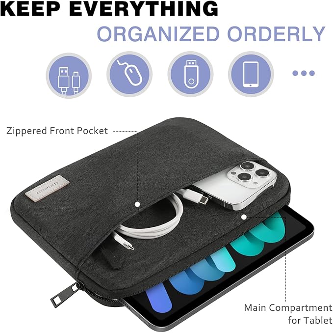 MoKo 7-8 Inch Tablet Sleeve Bag, Carrying Case Fit with New iPad mini (A17 Pro) 8.3" 2024, iPad mini 6 / iPad mini 5 / iPad mini 4 / iPad mini 3 / iPad mini 2, Black & Gray