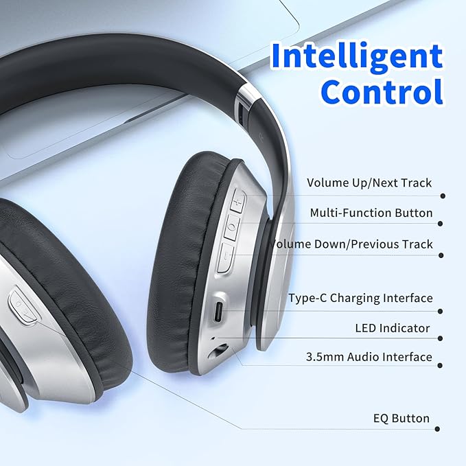 Uliptz Wireless Bluetooth Headphones, 65H Playtime, 6 EQ Sound Modes, HiFi Stereo Over Ear Headphone with Microphone, Foldable Lightweight Bluetooth 6.0 Headphones (Silver)
