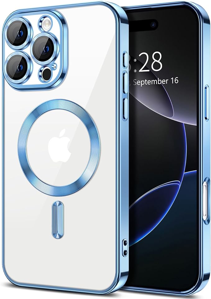 Hython Magnetic Clear for iPhone 16 Pro Max Case with Camera Lens Protector [Compatible with MagSafe] Plating Edge Slim Soft TPU Cover Protective Phone Case for iPhone 16 Pro Max 6.9", Light Blue