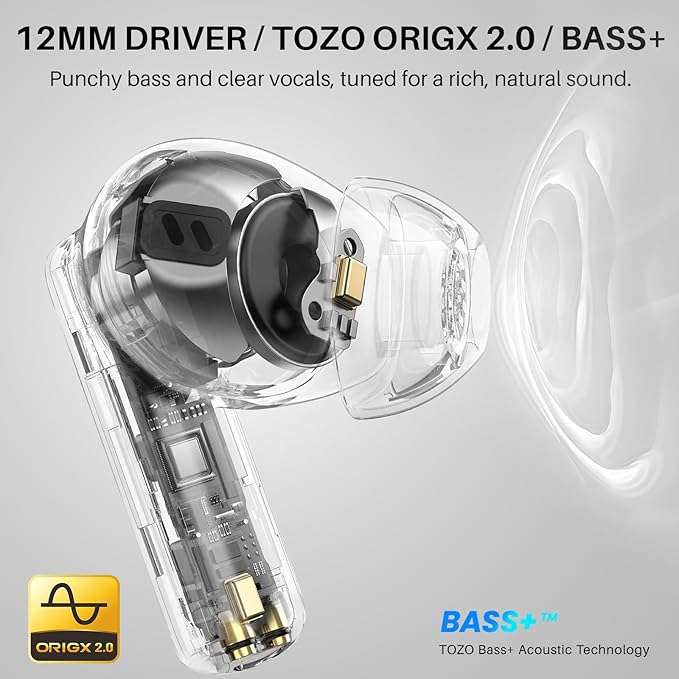 TOZO Hybrid Active Noise Cancelling Wireless Earbuds with 6 Mics AI Clear Call Ear Buds 68H Playtime with LED Display 32 Preset EQs via APP Bluetooth 5.3 IPX8 Waterproof in Ear Headphones