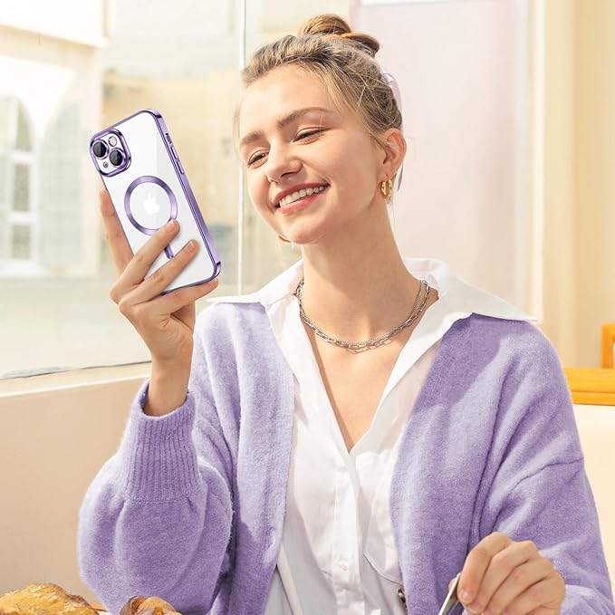 Hython Magnetic Clear for iPhone 13 Case with Camera Lens Protector [Compatible with MagSafe] Luxury Plating Edge Slim Soft TPU Cover Protective Phone Case for iPhone 13 6.1", Light Purple