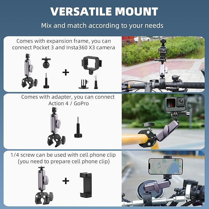 BRDRC Pocket 3 4 Camera Bike Mount Clamp Motorcycle Handle Holder Aluminum for Insta360 X5 X4 X3 Ace Pro Go 3S, for DJI Osmo Pocket 3 4 Mobile 8 7 Action 6 5 Pro 4, for GoPro Max Hero Mini Accessories
