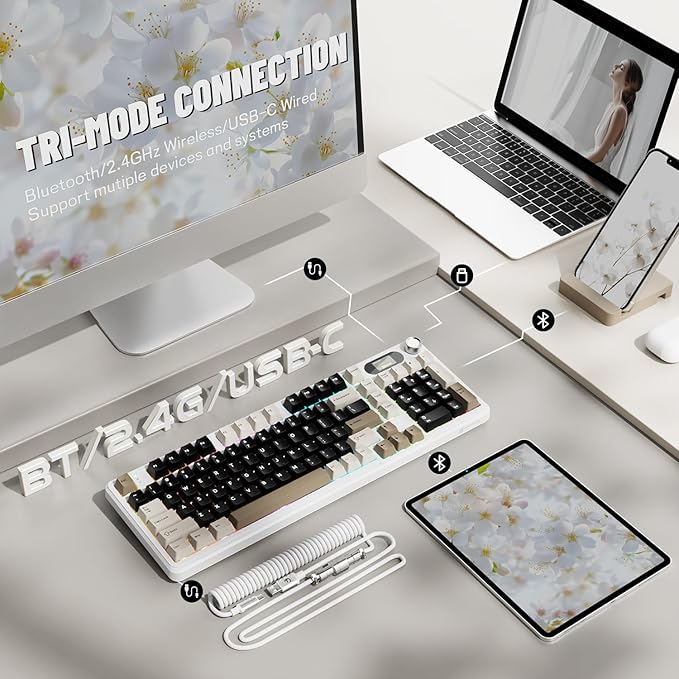 ATTACK SHARK X98PRO Wireless Mechanical Keyboard,Multi-Function Knob&TFT Screen,Tri-Mode BT/2.4GHz/USB-C Keyboard,Hot-Swappable RGB Backlit,4000mAh 98 Keys,Cloud Drive,for Win/Mac/Linux-Creamy White