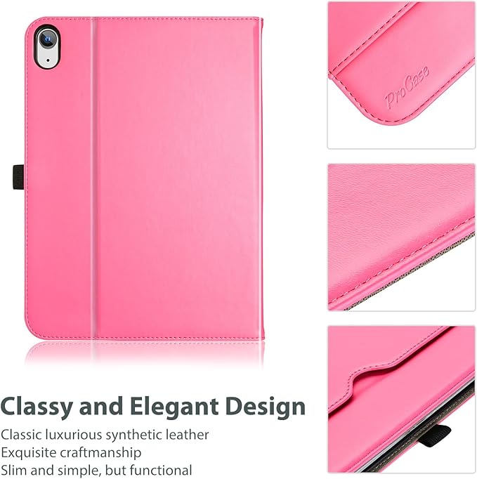 ProCase for iPad A16 11th Generation 11 Inch 2025/iPad 10th Generation Case 10.9 Inch 2022, iPad 11/10 PU Leather Case Business Stand Cover Smart Folio with Hand Strap Front Pocket Pen Loop -Pink