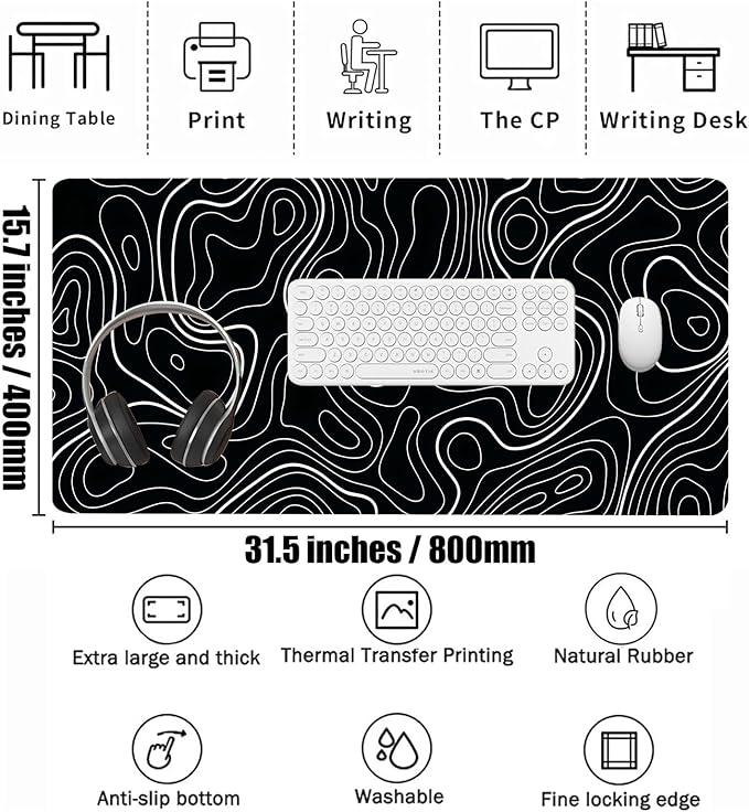 Extra Large Gaming Mouse Pad 31.5"x15.7"｜Topographic Contour-Themed XXL Keyboard Pad, Mouse Mat, Desk Pad, Non-Slip Rubber Base & Stitched Edges - Extended Mousepad for PC/Laptop/Office/Home Decor