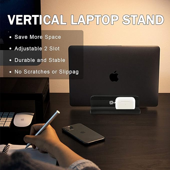 Vertical Laptop Stand for Desk 4 Slots Heavy Duty, Double Adjustable Stands Tablet Holder Metal Compatible w‘ All MacBook Surface Dell Samsung HP Chromebook Upto 17.5'- Black