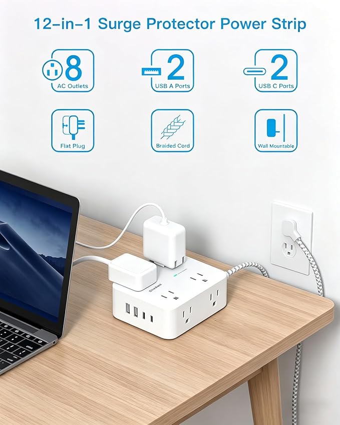 One Beat Surge Protector Power Strip, 6 Ft Ultra Thin Flat Extension Cord with 8 Outlets 4 USB Ports(2 USB C), Flat Plug Power Strip, Braided Power Strip for Home, Office, Dorm Room Essentials