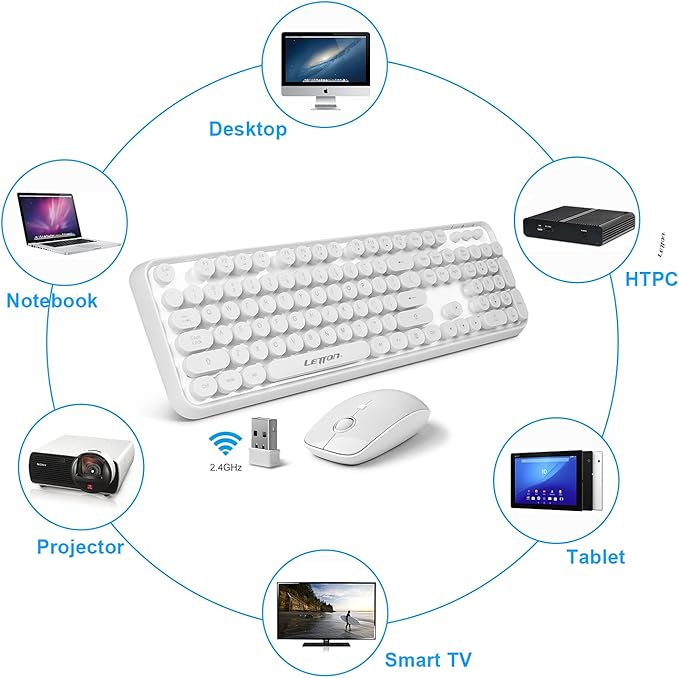 White Retro Typewriter Keyboard and Mouse Wireless Combo, Cute Wireless Keyboard with Retro Round Keycaps,2.4Ghz Full Szie Creamy Clicky & Satisfying Typing Keyboard&3 DPI Mouse for PC Laptop Desktop