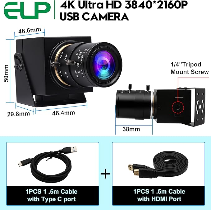 4K USB3.0 HDMI Camera 4K 60fps 2.8-12mm Zoom Webcam for Computer Mini Lightburn Camera for Laser Engraver H.264 Telescope USB Security Industrial PC Webcamera for Raspberry Pi Jetson Nano