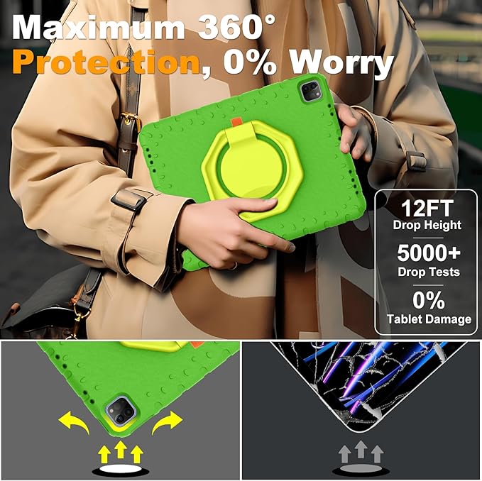 for iPad Pro 12.9 Case 6th/5th/4th/3rd Generation with 360° Rotating Stand & Pencil Holder, Heavy Duty Cute Cover for iPad Pro 12.9 inch 2022/2021/2020/2018, Green