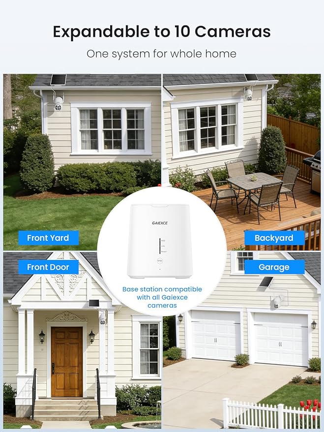 Solar Camera Outdoor Wireless, No Subscription, Expandable to 10CH, 2 Cam Kit Home Security Camera System, 4MP Color Night Vision, 360° Pan&Tilt, PIR/AI Detection, Works Offline & 2.4G/5G WiFi